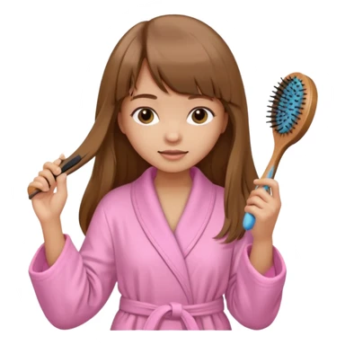 a girl with light skin and medium brown long hair with bangs who is brushing her hair with a hairbrush and she is wearing a light pink bathrobe sticker