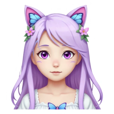 female anime character with pink eyes long white hair and periwinkle highlights and cat ears on her head. She is wearing a white dress with purple flowers and butterfly. sticker