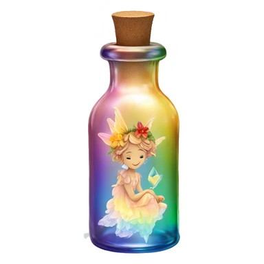 Antique oil bottle made of crystal glass of all gentle colors of the light rainbow, a living flower fairy sits at the bottom of the bottle sticker