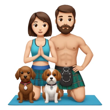 emoji of brunette man with beard wearing kilt, brunette woman in yoga outfit and white cockapoo dog sticker