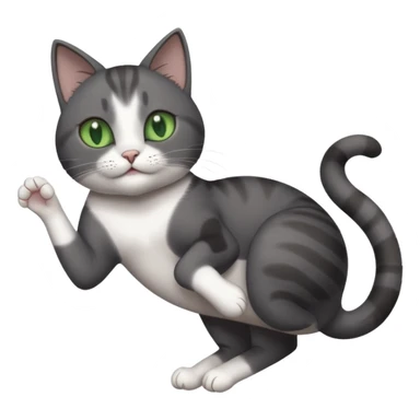 dark grey cat with green eyes, white toes/paws and white patch on her chest playfully rolling upside down sticker