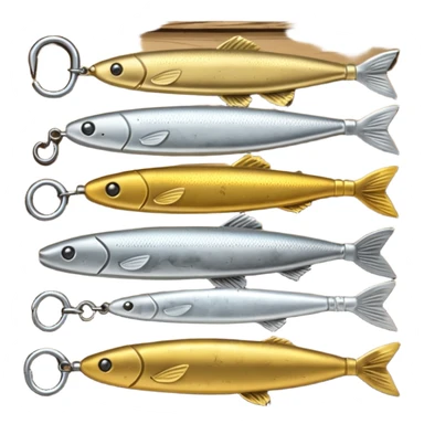 A metal lure set arranged on a wooden plank sticker