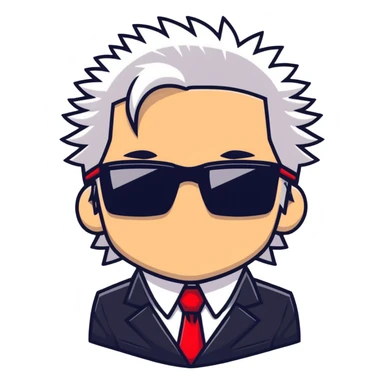 Satoru Gojo character with white spiky hair, black suit, red tie, sunglasses, and confident smirk sticker