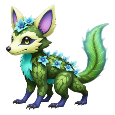 Realistic Sharp swampy mossy elemental ivy floral detailed Colorful translucent luminescent glowing Trico-Noibat-batty-Sergal-Furret-Ferret-Wolverine-Vernid-furry-fursona-fusion-Fakemon-animal-hybrid-creature, full body sticker