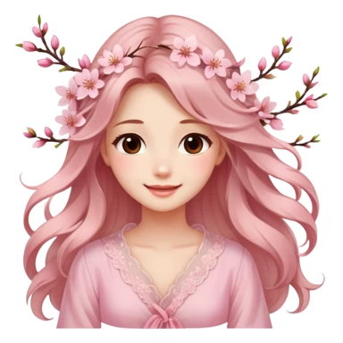 . A girl with long, flowing hair adorned with cherry blossoms, wearing a light pink chiffon blouse and a dreamy smile. sticker