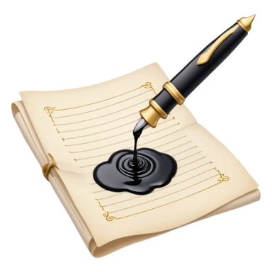 Create a delicate, artistic emoji representing poetry. The design should include a black fountain pen or quill with ink flowing gently onto a piece of parchment or scroll. Add soft, flowing lines to represent the fluidity of verse and creativity. Include elements like a small ink bottle or a feather in the background, and subtle accents of gold or silver to evoke elegance and inspiration. The overall design should feel light, romantic, and whimsical. Make the background transparent. sticker