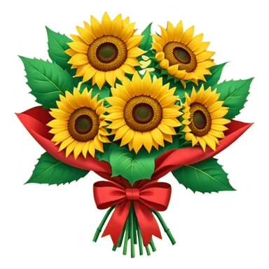 bouquet of sunflower with red bow and red wrapping paper sticker