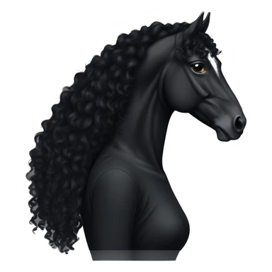 White girl, black shirt, long black curly hair, with  black arabian horse sticker