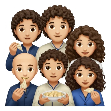Can you create an emoji of three 23 year olds eating dumplings. One boy with wavy curly hair one Jewish girl with long dark brown curly hair and one half Indian / half white girl with mid length dark brown hair. All brown eyes sticker
