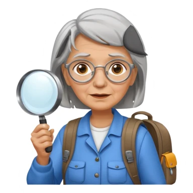 Explorer old woman with magnifying glass and backpack sticker