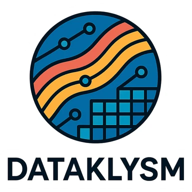 sleek futuristic icon logo for DATAKLYSM with stylized data streams, digital grid motifs, sharp lines, emphasizing innovation and technology sticker