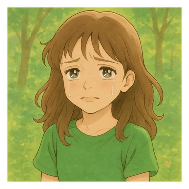 Sad girl wearing a bright green parrot green t-shirt, in Ghibli style, with an automatic background. Use verbose prompts for detailed Ghibli style. sticker