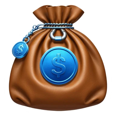 brown money bag with a blue coin  sticker