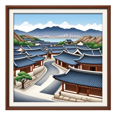Cinematic Realistic Bukchon Hanok Village Landmark Emoji, depicted with traditional Korean houses set against a scenic backdrop rendered with detailed textures and warm, inviting lighting. sticker