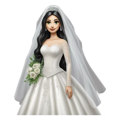 Hyper Realistic ornate ballgown long sleeve Wedding dress with diamanté on Russian bride with pale skin and green eyes and long black hair with veil and diamond jewelry hyper realistic  sticker