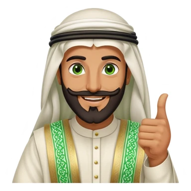 "Tanned Arab Saudi man with green eyes and a beard, wearing an agal and traditional attire, smiling happily and giving a big thumbs-u sticker