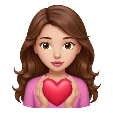 girl with long wavy brown hair, brown eyes, light to medium complexion, in a pink shirt, pink lips, long lashes, squeezing a big heart sticker