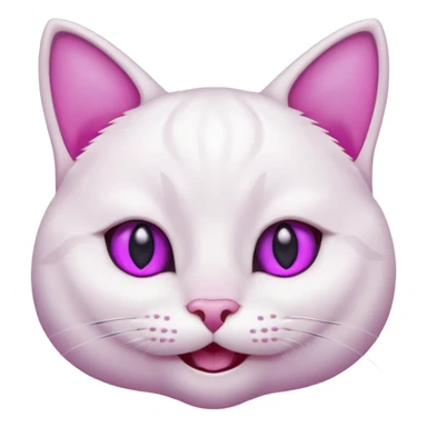 White cat happy smiling with teeth showing, light pink inner ears, magenta purple eyes, looks like discord's :smiley_cat: emoji sticker