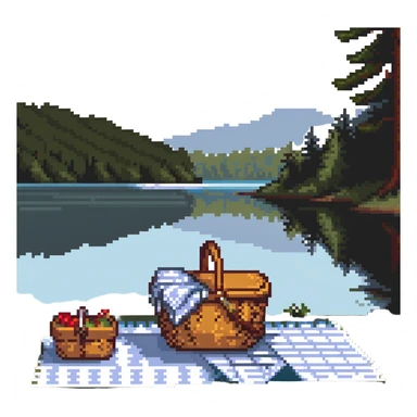 picnic basket and blanket next to a lake sticker