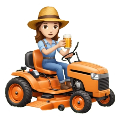 White woman with brown hair, without glasses wearing a straw hat, on old orange ride on lawn mower, holding a beer with one hand and holding the steering wheel with the other hand sticker