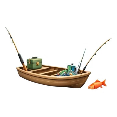 Icon for Fishing Travel: a boat on a calm lake surrounded by mountains and lush greenery, with fish jumping out of the water, a fishing rod, tackle box. The icon should capture the peaceful and adventurous nature of fishing trips. Transparent background. sticker