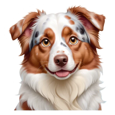 Cinematic Cute Predominantly White Red Merle Australian Shepherd Portrait Emoji, Head tilted playfully and inquisitively, predominantly white fur with vibrant red merle patches, round, sparkling blue eyes filled with curiosity, Simplified yet irresistibly adorable features, highly detailed, glowing with a warm, friendly glow, high shine, affectionate and lively, stylized with a touch of whimsy, bright and endearing, soft glowing outline, capturing the essence of a mischievous yet loving pup, so playful it feels like it could bound out of the screen and into your arms! sticker
