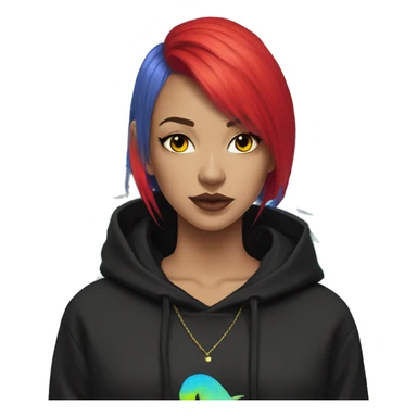 Lady with brunette and iridescent blue hair, gold, lime green dragon wings, black hoodie, bleach dyed, black and gold Nike t shirt, and bright red eyes sticker