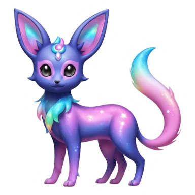 Shiny Iridescent Nebulae Espeon-Umbreon-Sylveon-Fakémon-hybrid-creature (full body)  with a galaxy-dust-flowing-gradient-tail sticker