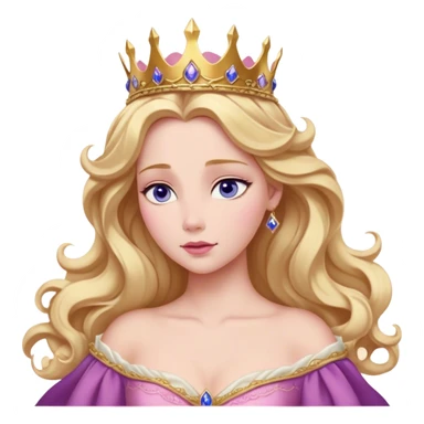 Cinematic Realistic Sleeping Beauty (Aurora) Portrait, with porcelain-like skin featuring a natural rosy flush, illuminated by soft lighting that highlights the gentle contours of her face. Her golden blonde hair flows in soft, detailed waves with subtle highlights that shimmer in the light. Her deep violet-blue eyes radiate warmth and innocence, framed by arched brows and long lashes. Her serene expression exudes quiet elegance. She is dressed in her classic pink gown, the fabric rich in texture with delicate folds that catch the light. A golden crown rests atop her head, gleaming with royal refinement. The portrait captures a soft, glowing aura, blending realism with an ethereal sense of beauty and timeless enchantment. sticker