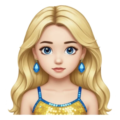 Sabrina Carpenter with long blonde hair, yellow sequin crop top, yellow earring, blue eye sticker