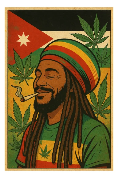 A digital vintage-style poster illustration of a Jordanian Rasta man with dreadlocks, wearing a red, yellow, green striped tam hat. He is smiling peacefully with a lit herbal spliff in his mouth. The background features the official Jordan flag — black, white, green horizontal stripes with a red triangle and a white 7-point star — accurately displayed behind him. Cannabis leaves are tastefully arranged around the composition, and the poster includes Rasta color textures blended with the Jordanian palette. Use a retro poster style with warm, slightly aged textures, bold outlines, and soft shading to evoke a soulful reggae vibe that honors both Jordanian pride and Rasta spirit. The mood is chill, powerful, and respectful sticker