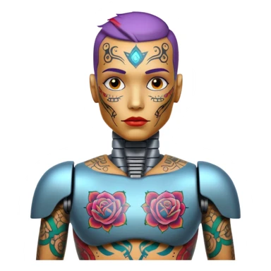 Tatooed robot, big many tatooes on chest, neck and face sticker