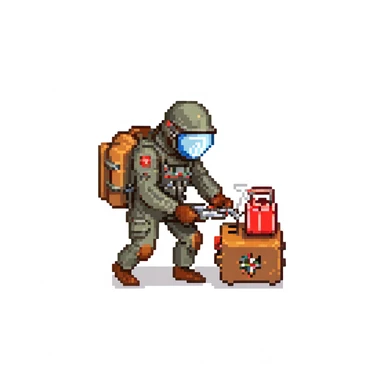 a SNES box art image of a man in a heavy EOD protective milsuit, using pliers in his hand to repair a toaster with three red tubes connected to it. Cutscene graphic sticker