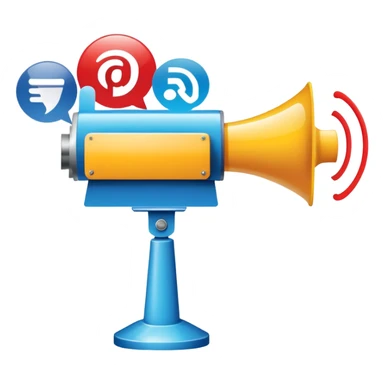 An icon featuring a megaphone, a press release, and a social media icon, symbolizing advertising and public relations. The design includes a billboard and communication network lines, representing brand promotion and media outreach. Transparent background highlights the power of communication. sticker