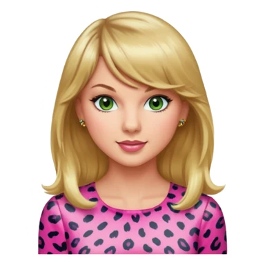 Long haired with bangs that frame her face, Green eyed, smiling Taylor Swift wearing a pink leopard print dress with long golden blond hair sticker