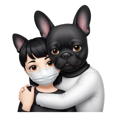girl with short black straight bangs hair wearing a white mask and hugging a black French bulldog sticker