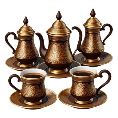 Turkish Coffee Set – Cinematic Realistic Turkish Coffee Set, depicted as an elegantly arranged ensemble of ornate coffee cups and a traditional cezve pot, adorned with intricate patterns and rich, warm colors, rendered with detailed textures and soft ambient lighting that captures its cultural heritage. sticker