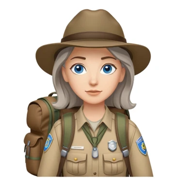 white woman park ranger with blue eyes, brown and gray hair, wearing a backpack, standing in a nature background sticker