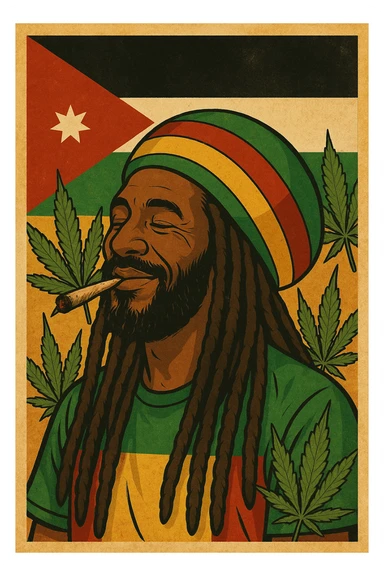 A digital vintage-style poster illustration of a Jordanian Rasta man with dreadlocks, wearing a red, yellow, green striped tam hat. He is smiling peacefully with a lit herbal spliff in his mouth. The background features the official Jordan flag — black, white, green horizontal stripes with a red triangle and a white 7-point star — accurately displayed behind him. Cannabis leaves are tastefully arranged around the composition, and the poster includes Rasta color textures blended with the Jordanian palette. Use a retro poster style with warm, slightly aged textures, bold outlines, and soft shading to evoke a soulful reggae vibe that honors both Jordanian pride and Rasta spirit. The mood is chill, powerful, and respectful sticker