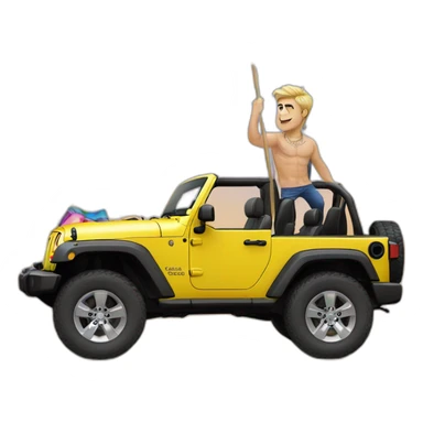 zac efron on a jeep wrangler with a raibow flag and gay dresses sticker