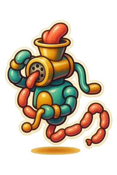 a robot that has a large meat grinder for a head. 2 arms that stuff meat into its meat hole. meat is processed and sausage links come out of the rear. The robot doesnt have legs it hovers.style is not lifelike. sticker or emoji style. robot feeds itself meat sticker