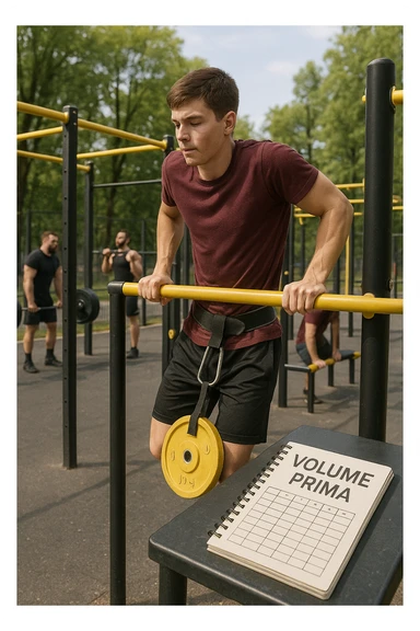 Atleta neofita giovane in un parco attrezzato per streetlifting, fisico ancora in fase iniziale. È intento a eseguire molte ripetizioni di esercizi a corpo libero con pesi leggeri (zavorra moderata), come trazioni e dip su parallele. Accanto a lui un taccuino di allenamento con la scritta 'Volume Prima'. L’atmosfera è luminosa e motivante, con altri atleti più muscolosi che sollevano carichi pesanti, ma lui è concentrato sul gesto tecnico e sulla costanza. Stile realistico, colori naturali, messaggio educativo su priorità all’adattamento progressivo e al volume. sticker