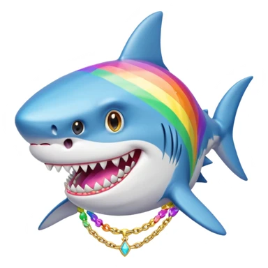 Generate a shark with a wig with the colors of the rainbow its teeth that are also with the colors of the rainbow and that have like diamonds embedded And that it also has a gold chain of number 69 with inlaid diamonds sticker