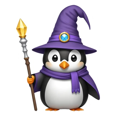 penguin wearing a wizard hat and robe, holding a magic wand sticker