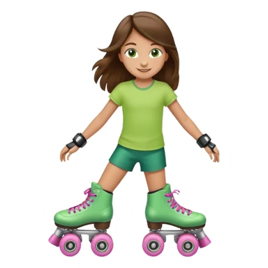 an 8 year old girl with green eyes and long brown hair. smiling. skating on quad style roller skates with white boot. sticker