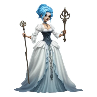 blue witch woman login holding a big key in white victorian dress, full body sticker