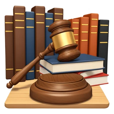 A 3D cartoon judge’s gavel resting on a block beside law books, warm wooden background, realistic Memoji-style rendering. sticker