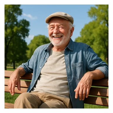 old man enjoying retirement, cheerful, casual clothes, sitting on a bench, outdoors, sunny day sticker