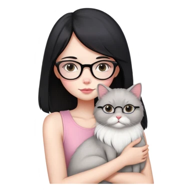 Skinny woman with oval glasses, long straight black hair, pink cheek blush, wearing white sleeveless top, hugging a grey Persian-Angora cat, plain background sticker