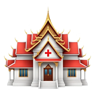 Traditional Thai hospital with pointed roof architecture, red cross symbol, ornate details, with traditional Thai architectural elements sticker